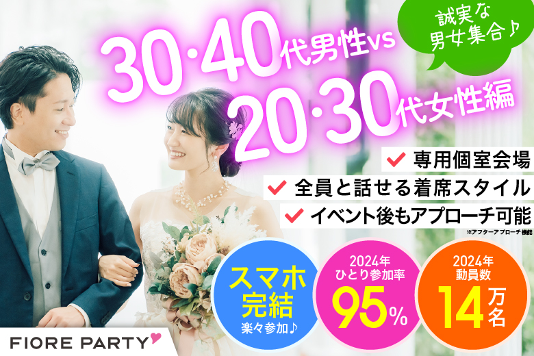 「宮城県/仙台市/宮城・仙台個室会場」【30代40代男性ＶＳ20代30代女性編】必ず全員と話せる☆彡個室婚活パーティー～真剣な出会い～